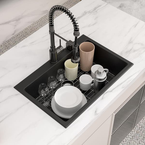 33 in. Drop-In Single Bowl Black Granite/Quartz Composite Kitchen Sink with Bottom Grids and Strainer