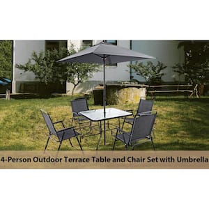 Black Metal Patio Furniture Table and Chair Set with Umbrella for 4 People