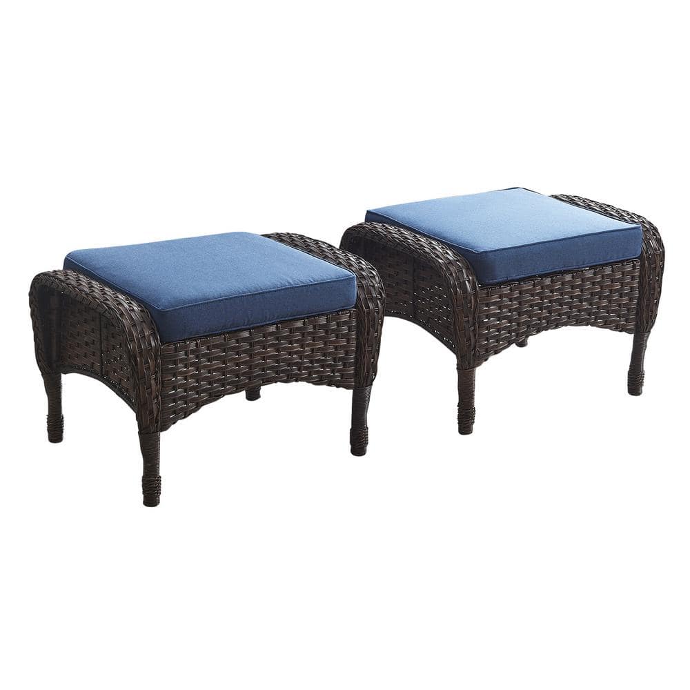 Brown Wicker Outdoor Ottomans with Blue Cushions Set of 2