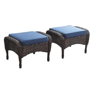 Flat Armrest Series Brown Wicker Outdoor Patio Ottoman with CushionGuard Blue Cushions (2-Pack)