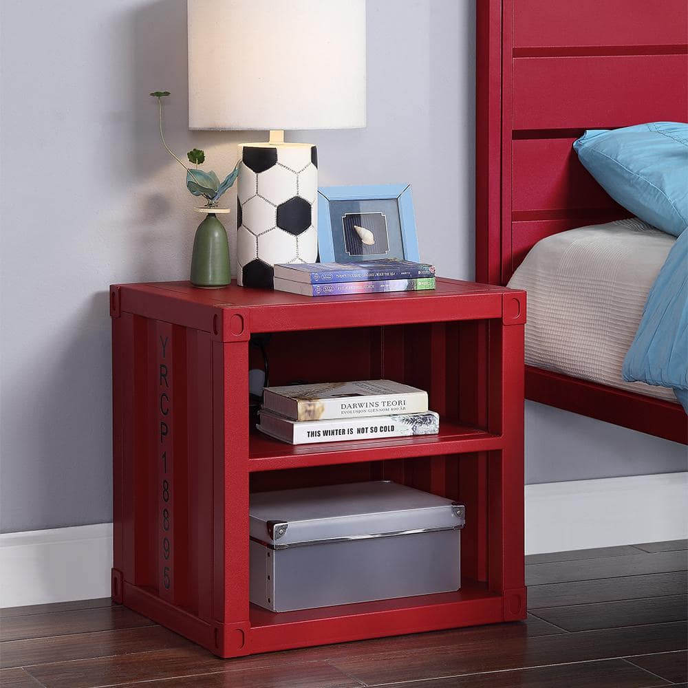 Cargo Container Red Metal Frame Nightstand 20" with Shelf