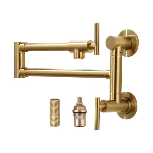 Brass Wall Mounted Pot Filler with Double Handle in Gold