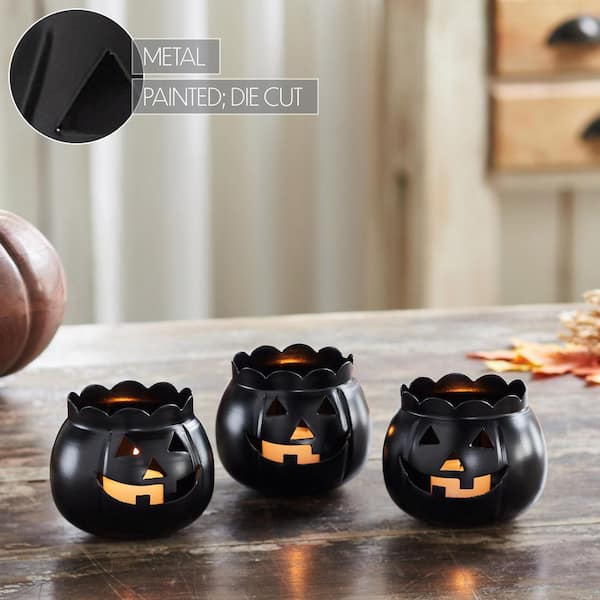 VHC BRANDS 3 in. Black Jack-O-Lantern Halloween Candle Holder (Set