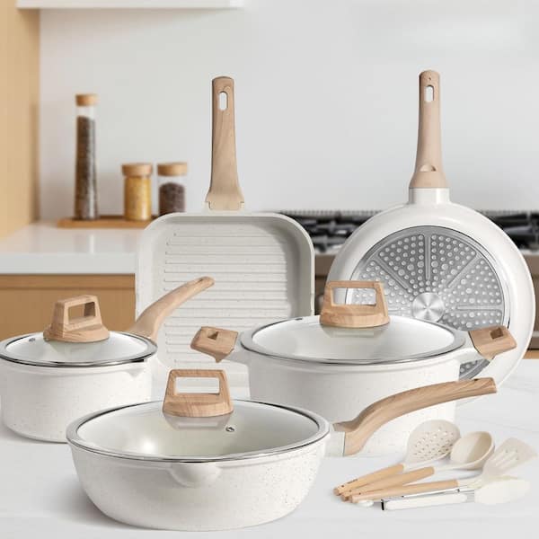 Wudkey 16-Piece Nonstick Aluminum Cookware Set in White, Ceramic