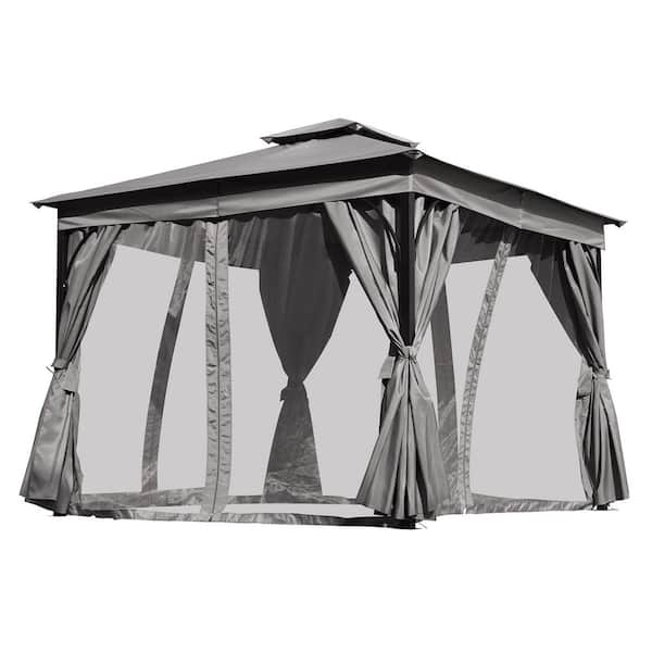 10 ft. x 10 ft. Outdoor Patio Gray Steel Gazebo Canopy Double Roofs Tent with Privacy Screens and Mosquito Netting