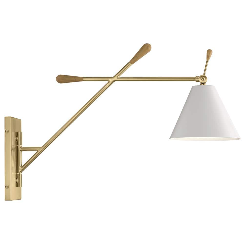 Champagne Gold Swing Arm Wall Sconce with Natural Maple Accents