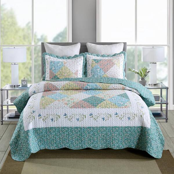 MarCielo B027 Printed 3-Piece Frost Blue Floral Polyester Queen Size Lightweight  Quilt Set B027_Q - The Home Depot