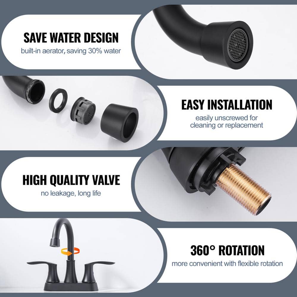 Matte Black 4-Inch Centerset Double Handle High Arc Bathroom Faucet