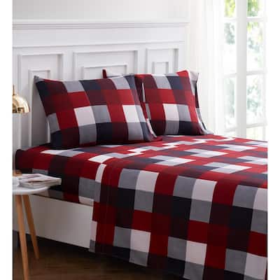 1500 Supreme Collection Buffalo Plaid Black Red 4 PC Microfiber Bed Sheet Set 