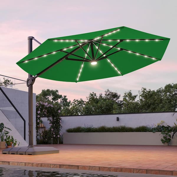 11 ft. LED Cantilever Patio Umbrella with Solution-Dyed Fabric, Aluminum Frame and 360° Rotation in Kelly Green