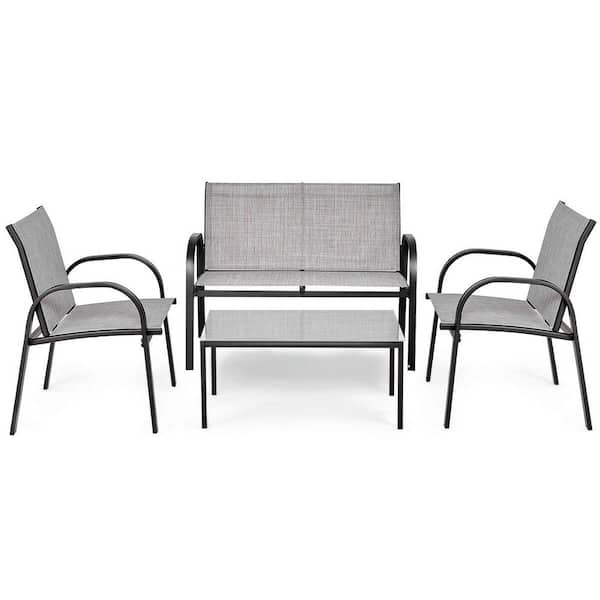 Costway Gray 4-Pieces Metal Frame Patio Conversation Furniture