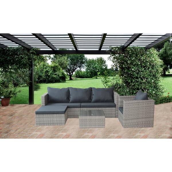 URTR 4-Piece PE Wicker Patio Conversation Elegant Outdoor Garden Sofa Furniture Set with Table and Ottoman, Gray Cushion