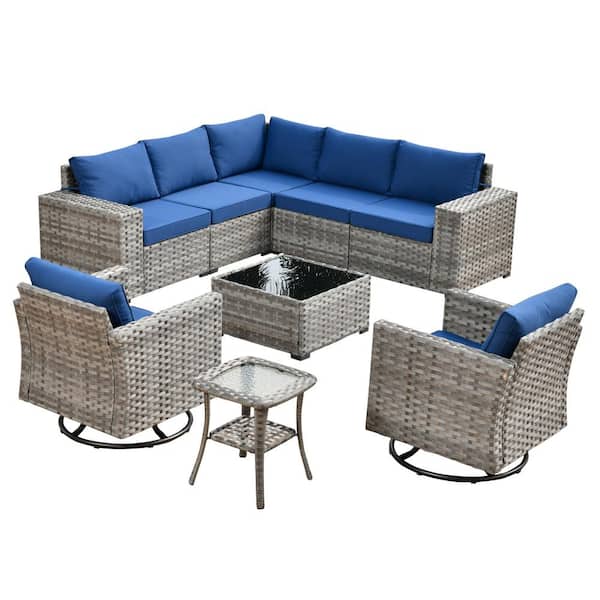 Beatrice 9-Piece Wicker Patio Conversation Seating Sofa Set with Navy Blue Cushions and Swivel Rocking Chairs