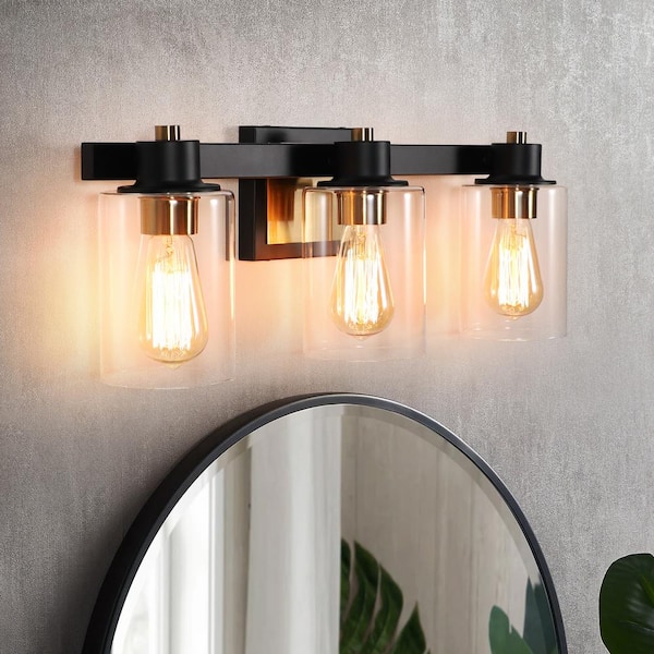 pasentel 22.4 in. 3-Light Matte Black and Gold Bathroom Vanity Light with Clear Glass Shades