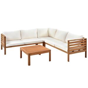 Wood Structure Outdoor Sectional Set with Beige Cushions