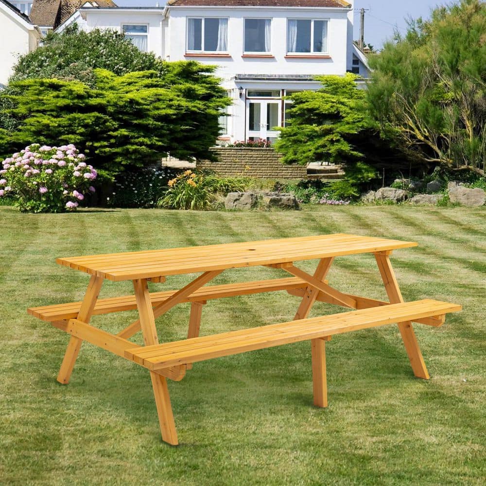 75 in. 8-Person Brown Rectangle Wood Picnic Tables with 2-Benches and Umbrella Hole price history on PriceWatchPro