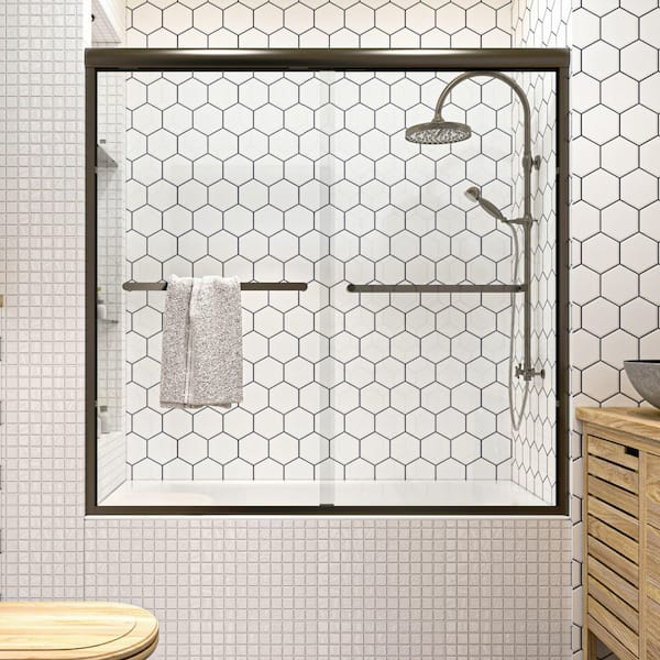 ORGANNICE 56 to 60 in. W x 58 in. H Sliding Framed Tub Door in Oil Rubbed Bronze with Clear Glass
