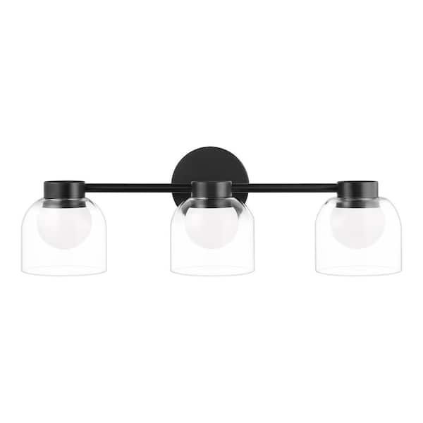 22 in. 3-Light Matte Black LED 5CCT Bathroom Vanity Light with Clear Glass Shade