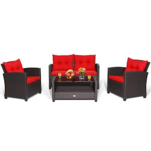 4-Piece Wicker Outdoor Patio Conversation Set Rattan Furniture Set with Red Cushions and Tempered Glass Coffee Table