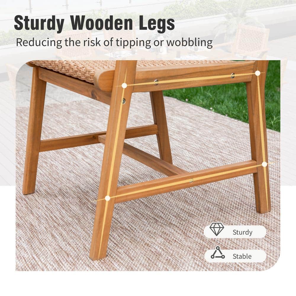 Brown Acacia Wood and Rattan Outdoor Dining Armchairs, Set of 2