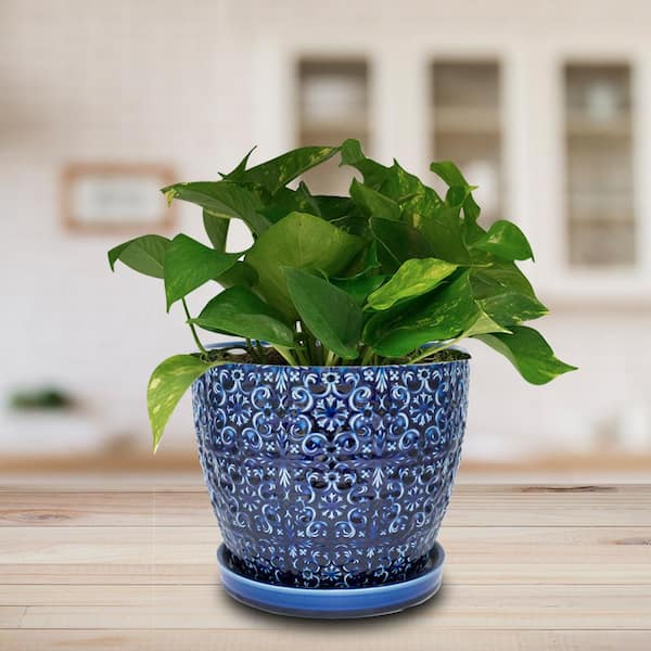 10 in. Dia Blue Mediterranean Bell Ceramic Planter