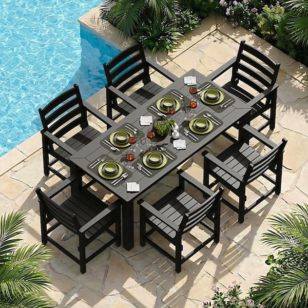 Black 7-Piece HDPE Plastic Patio Outdoor Dining Set 6 Armchairs And 69 in. Table With 2 in. Umbrella Hole