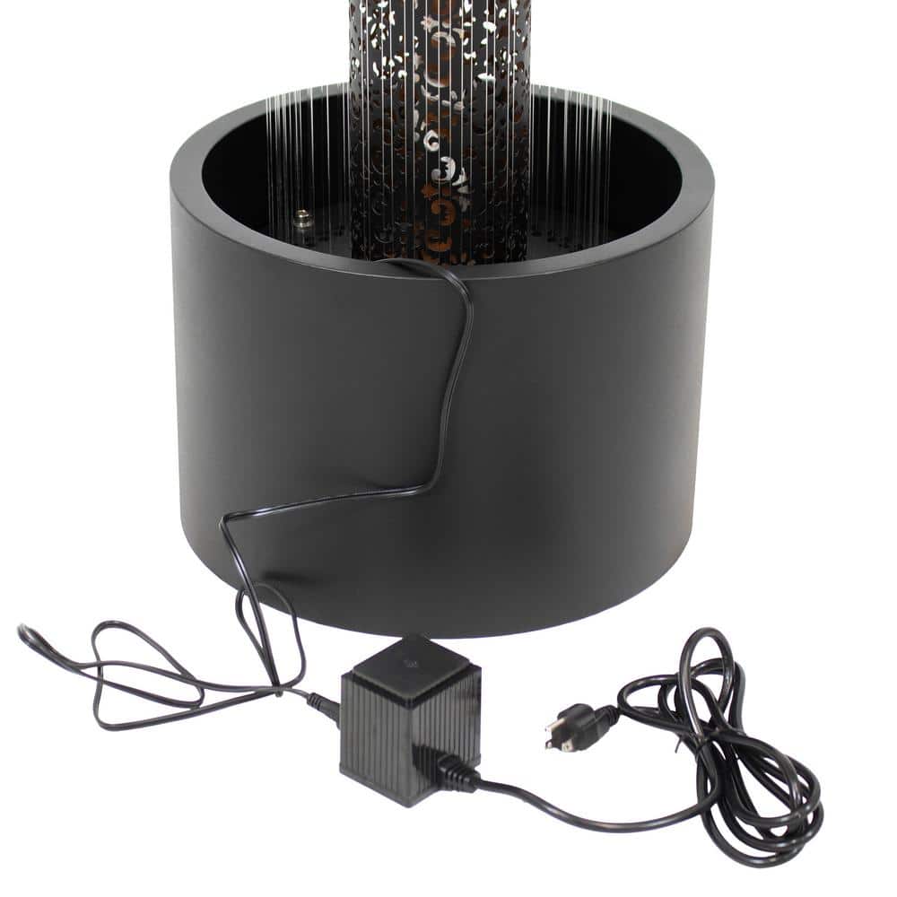 Tall Black Zinc Outdoor Water Fountain with Warm White LED Lights