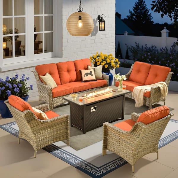 Toject Eureka 5-Piece Wicker Outdoor Fire Pit Patio Conversation Sofa Seating Set with Red Cushions