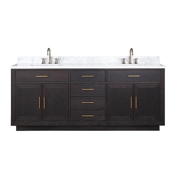 Condor 80 in W x 22 in D Black Oak Double Bath Vanity, Carrara Marble Top, and Faucet Set