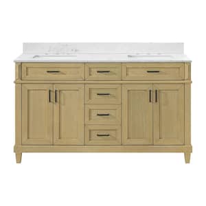 Talmore 60 in W x 22 in D x 35 in H Double Sink Bath Vanity in Light Oak With White Engineered Marble Top