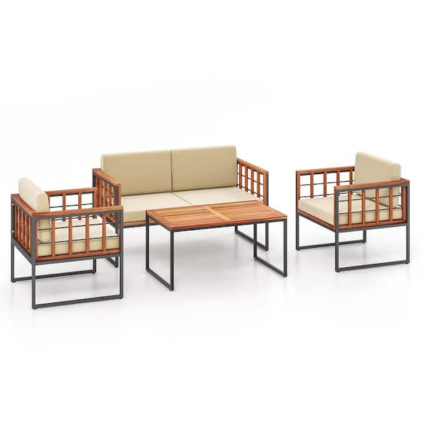 ANGELES HOME 4 Pieces Acacia Wood Patio Conversation Set with Beige Cushions for Balcony Porch Backyard Poolside