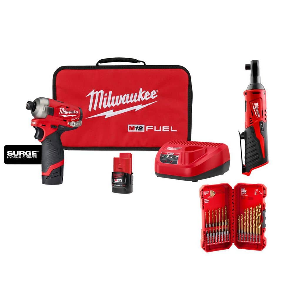 M12 FUEL SURGE 12V 1/4 in. Hex Impact Driver Kit w/ (2) 2. 0Ah Batteries, Bag with M12 3/8 in. Ratchet with 23-Pc Set price history on PriceWatchPro