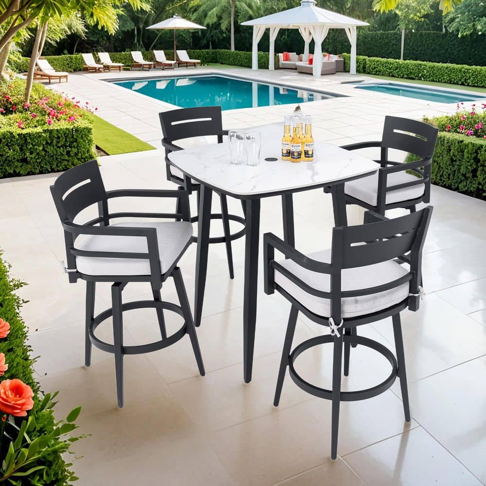 Ember Black 5-Piece Aluminum Rounded Square Bar Height Outdoor Serving Bar Set with Sunbrella Cushions price history on PriceWatchPro