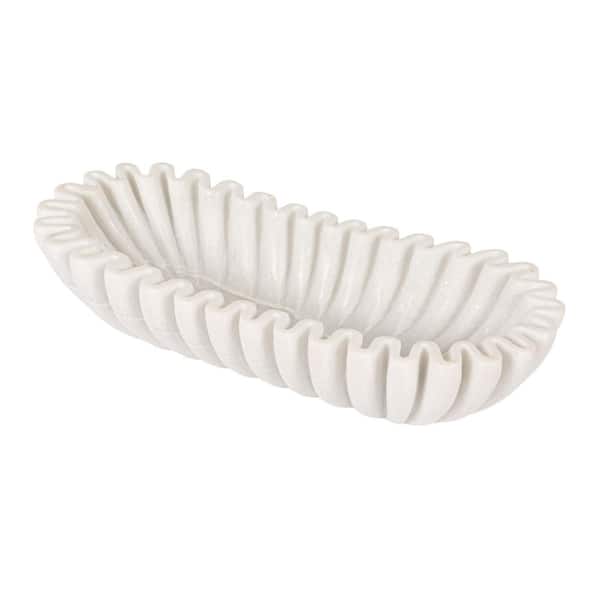 14 in. 140 fl. oz. White Marble Oval Ruffle Serving Bowl