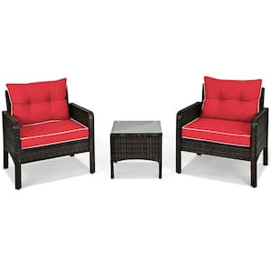 3-Piece Rattan Wicker Outdoor Patio Conversation Set Sofa Chair with Red Cushions