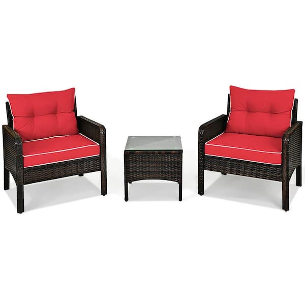 3-Piece Rattan Wicker Outdoor Patio Conversation Set Sofa Chair with Red Cushions