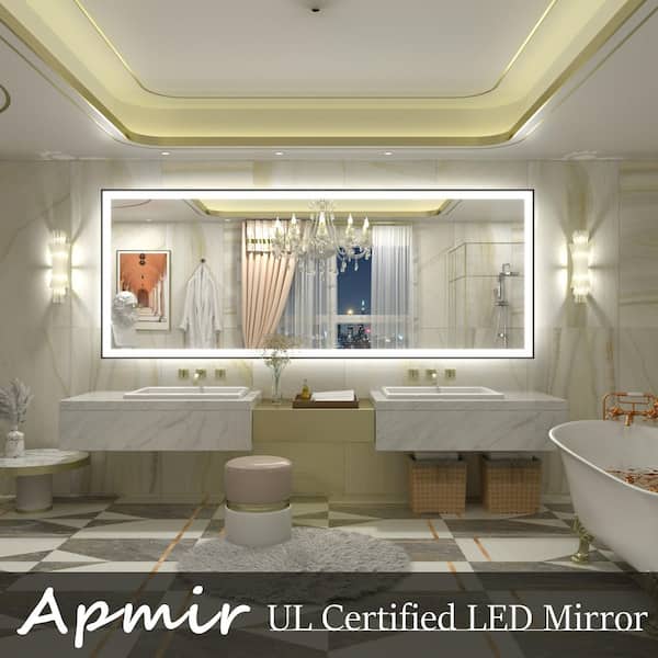 84 in.W x 32 in.H Rectangular Framed UL Certified Front and Back LED Anti-Fog Tempered Glass Wall Bathroom Vanity Mirror