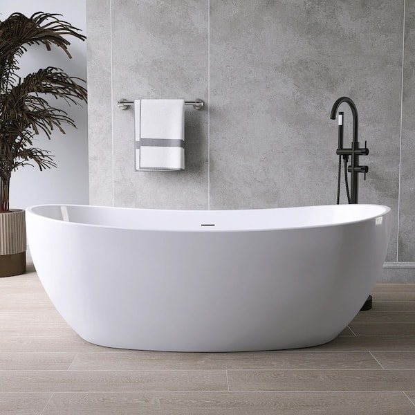 65 in. x 32 in. Acrylic Flatbottom Freestanding Soaking Bathtub in White