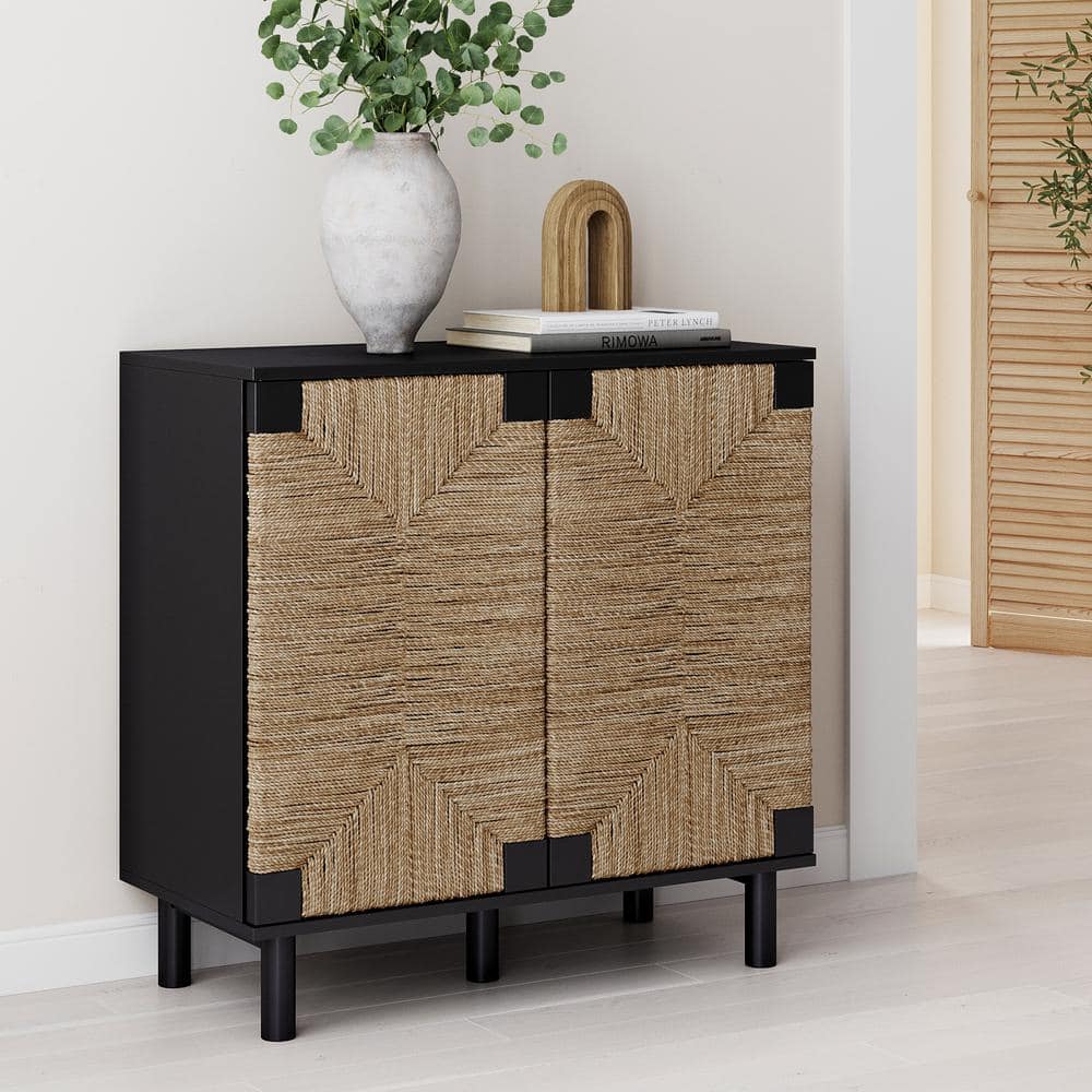 Nathan James Beacon Natural Seagrass Doors Accent Cabinet with Adjustable Shelf for Hallway Dining or Living Room, Black