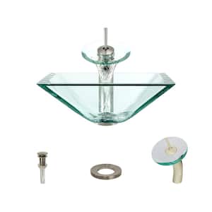 Glass Vessel Sink in Crystal with Waterfall Faucet and Pop-Up Drain in Brushed Nickel