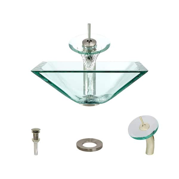 MR Direct Glass Vessel Sink in Crystal with Waterfall Faucet and Pop-Up Drain in Brushed Nickel