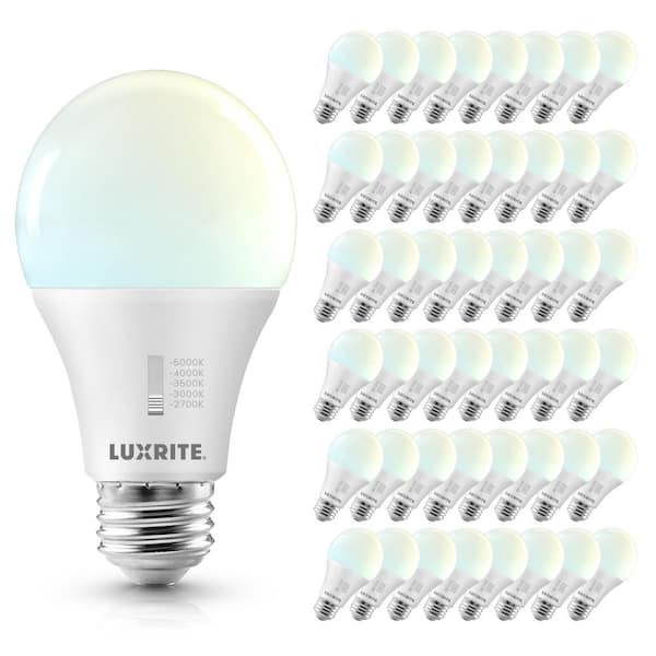 LUXRITE 100-Watt Equivalent A19 LED Light Bulb 5CCT 2700K-5000K 15W 1600LM LED Light Bulbs Dimmable E26 Title CA20 ETL 48-Pack