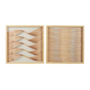 23.5 in. Square Framed Beige and Natural Wood Ribbon Shadow Boxes Wall Art (Set of 2)