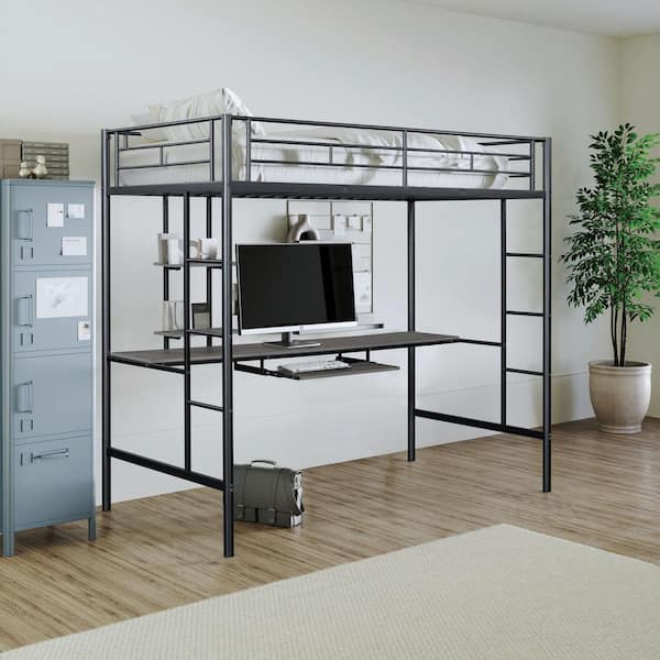 Furniture of America Arthur Black Twin Over Workstation Loft Bed with Built-In Keyboard Tray