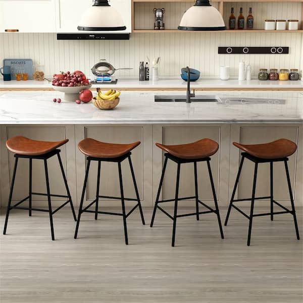 28 in. H Brown Backless Metal Swivel Bar Stools with Faux Leather Upholstered Bar Height Chairs Set of 4
