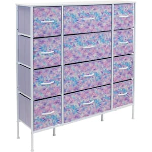 11.75 in. L x 46.5 in. W x 48.7 in. H 12-Drawer Tie Dye Purple Dresser Steel Frame Wood Top Easy Pull Fabric Bins