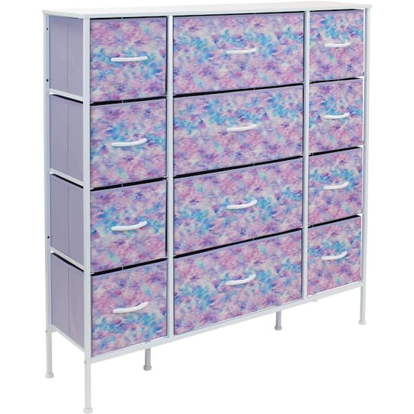 Sorbus 11.75 in. L x 46.5 in. W x 48.7 in. H 12-Drawer Tie Dye Purple Dresser Steel Frame Wood Top Easy Pull Fabric Bins