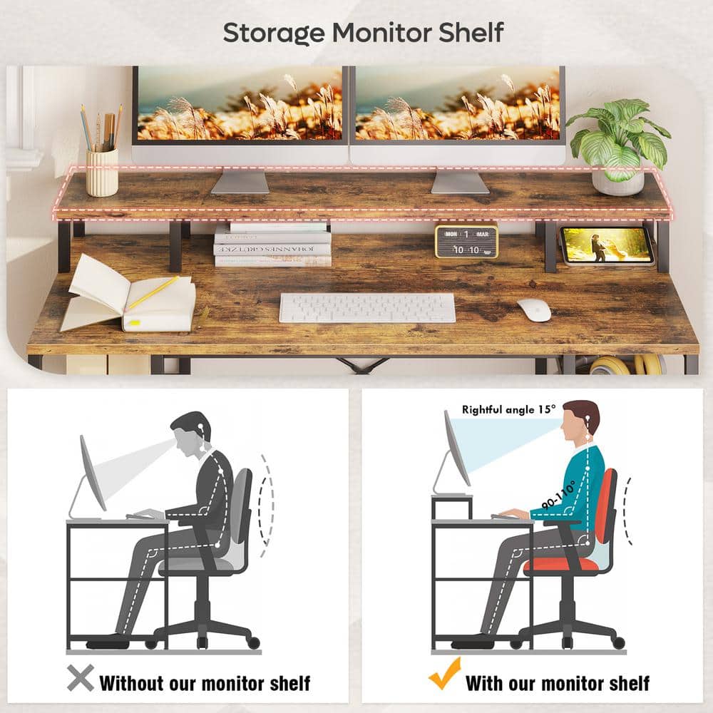 Rustic Brown Wood Gaming Desk with Monitor Shelf