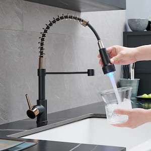 Single Handle Deck Mount Standard Kitchen Faucet in Black and Rose Gold with LED