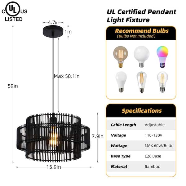Keazile 16 in. 2-Tiers 1-Light Black Pendant Light with